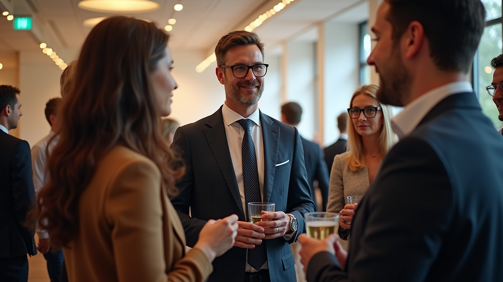 Eye-level view of a business networking event with people exchanging ideas