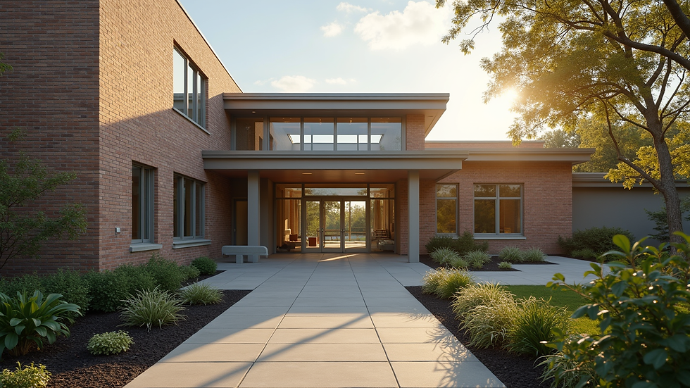 Eye-level view of a community center with a welcoming entrance