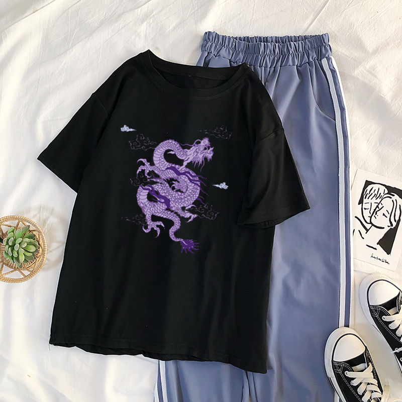 Summer Casual Dragon Print Women's T-Shirt in Green