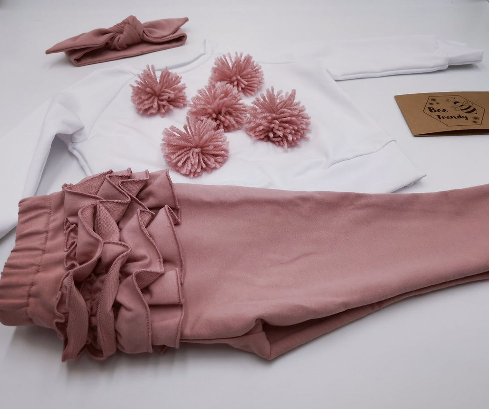 Pom Pom Sweatshirt / Ruffle Back Leggins / Pin Up Headband Set