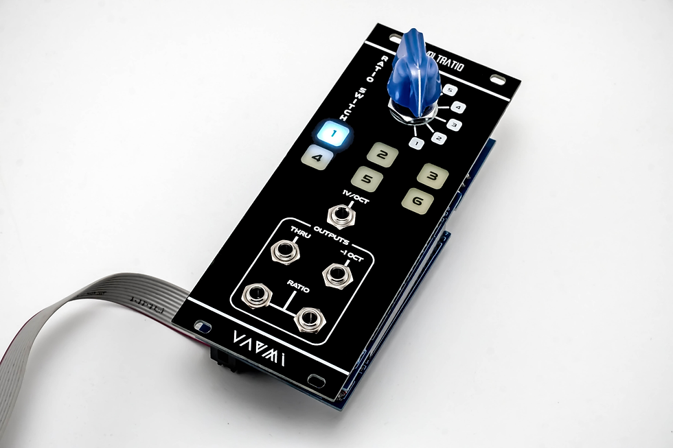 Küçük resim: The VoltRatio module allows you to quickly and easily shift the CV input on a 1V/OCT scale through six harmonic intervals. It provides a copy of the fundamental frequency voltage along with its one-octave lower frequency simultaneously, enabling smooth control of three oscillators at once. Designed as a precision multiple, this module offers accurate and professional calibration options to keep your system precisely tuned, taking both you and your setup to the next level.