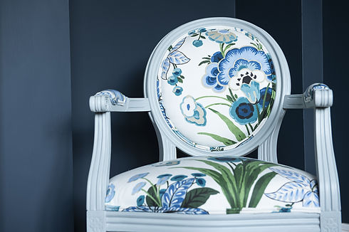 Bespoke handcrafted chair with blue and white floral fabric