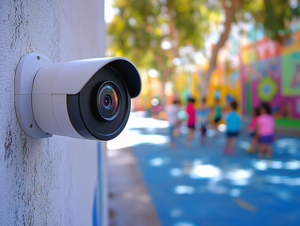 Security camera on a wall overlooks a colorful playground. Children play in the background, creating a lively and cheerful atmosphere.