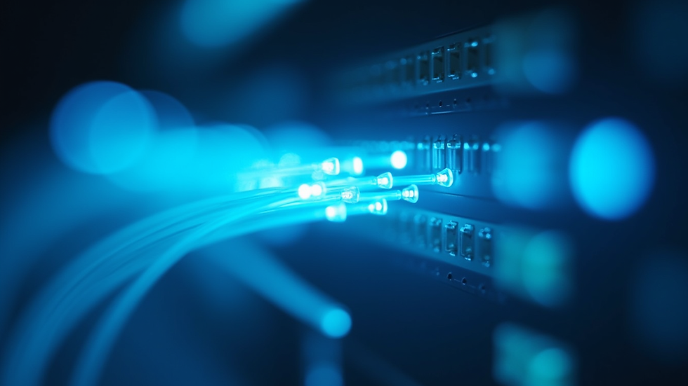 Eye-level view of fiber optic cables glowing blue