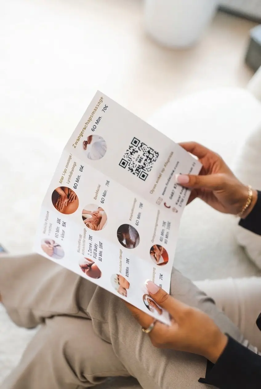 Studio photography, a person holding a printed massage service menu card with various treatment pictures and a QR code. The scene conveys a professional wellness and spa service presentation.