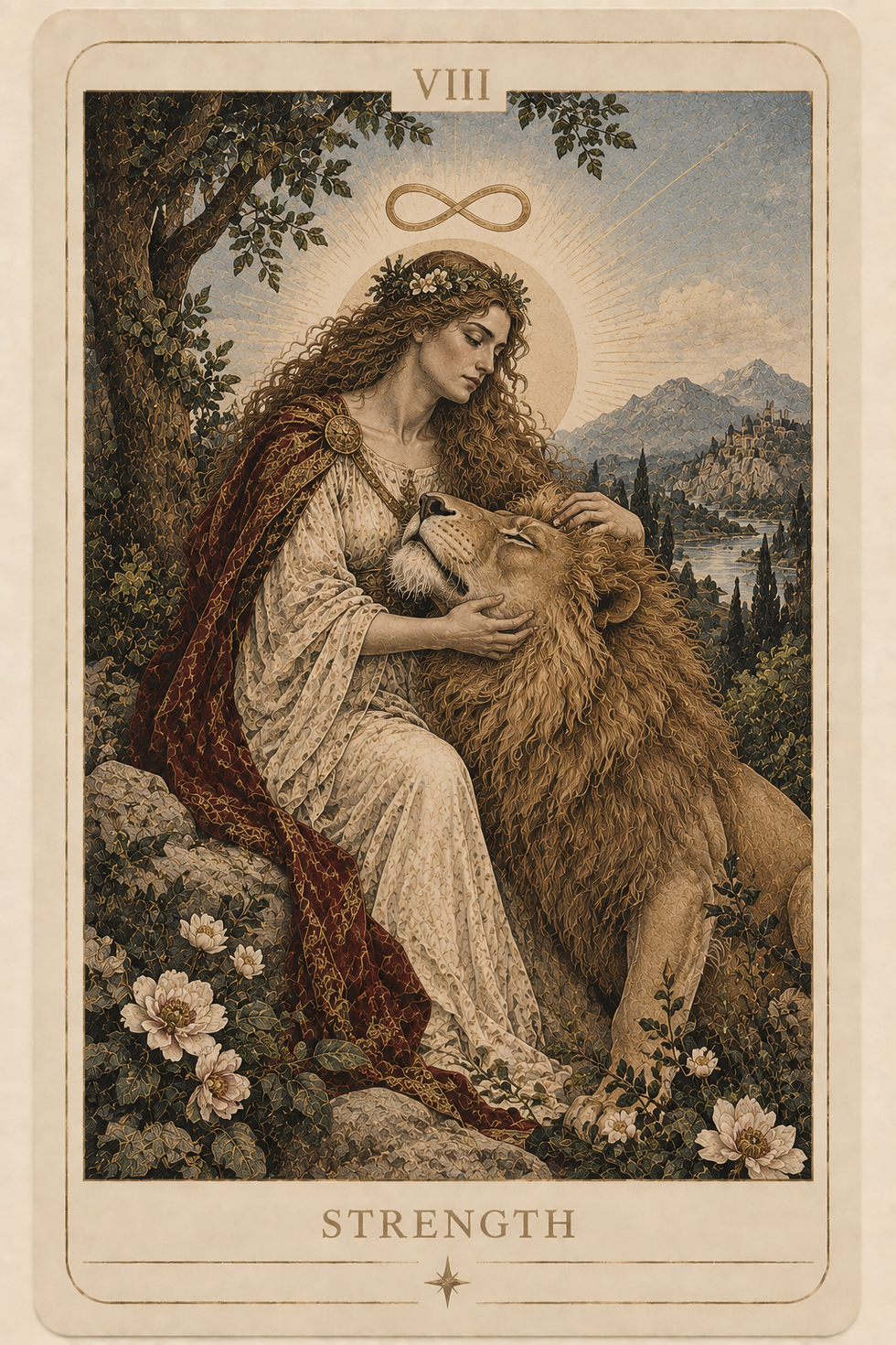 Vintage Strength Tarot Card with Lion and Lady.png