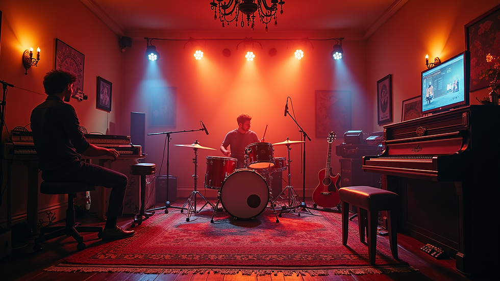 Eye-level view of a vibrant music studio filled with instruments