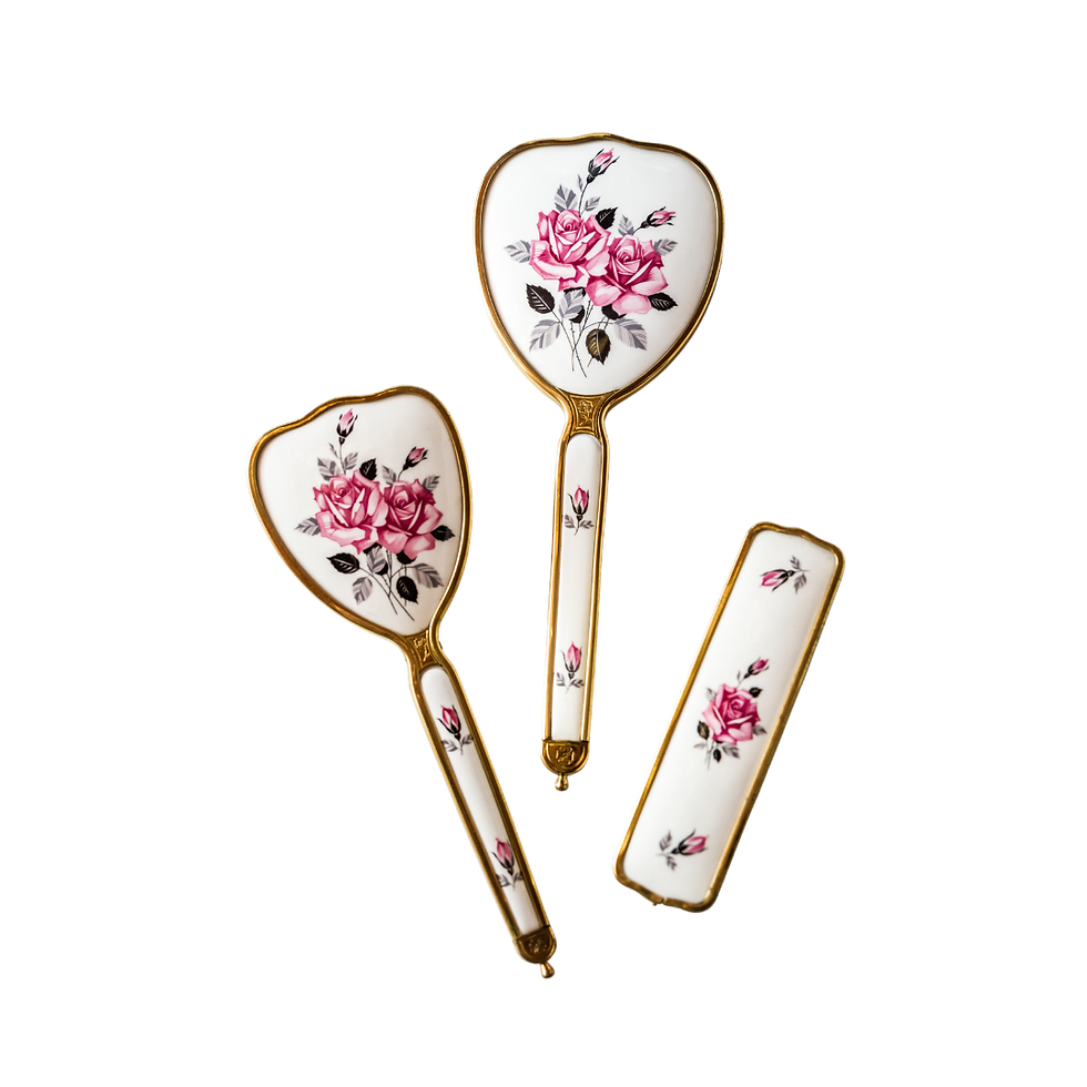 White enamel brush and mirror set with pink floral motif