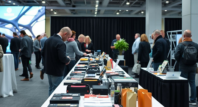 a table full modern of merchandise at a company event.jpg
