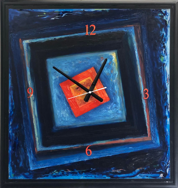 Time mirrors. Composition N3 . 22 1/4"x 23 1/2". Oil painting on acrylic glass. Quartz movement.