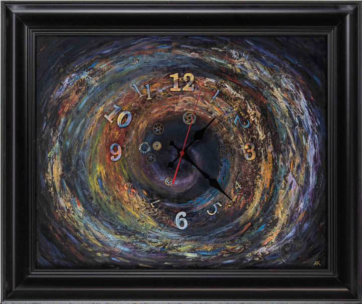 Time funnel. 20 1/8"x 24".  painting on fiberboard. Quartz movement. 