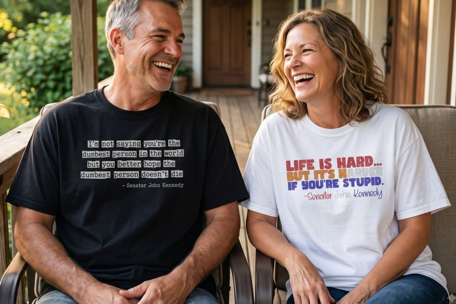 Man and woman laughing on a porch, wearing Senator Kennedy I'm Not Saying and Life Is Hard quote tees