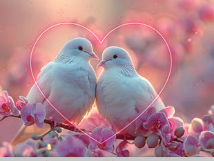 Lovebirds framed in a heart, representing Valentine's Day