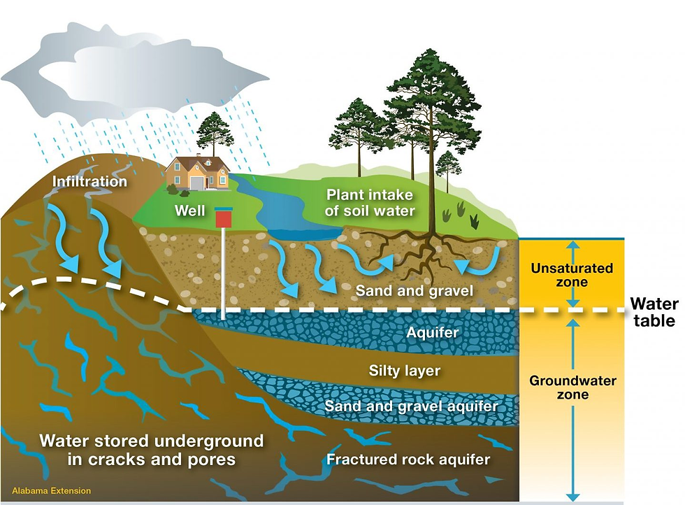 This diagram outlines how aquifers work and the different types. Sourced from Alabama Cooperative Extension System.