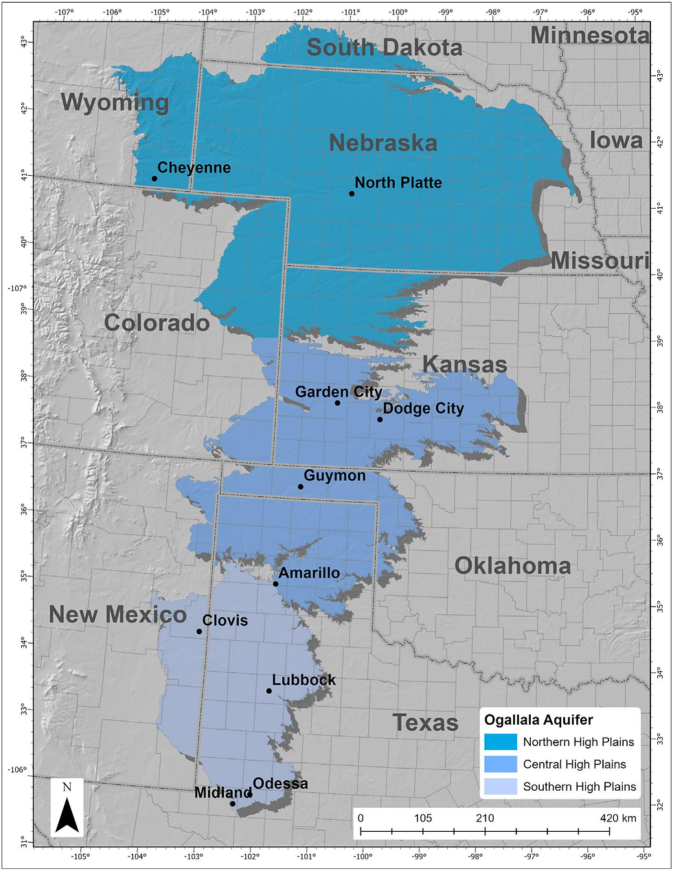 This is a map of the regions that the Ogallala Aquifer lies under. Sourced from Gaian Systems.