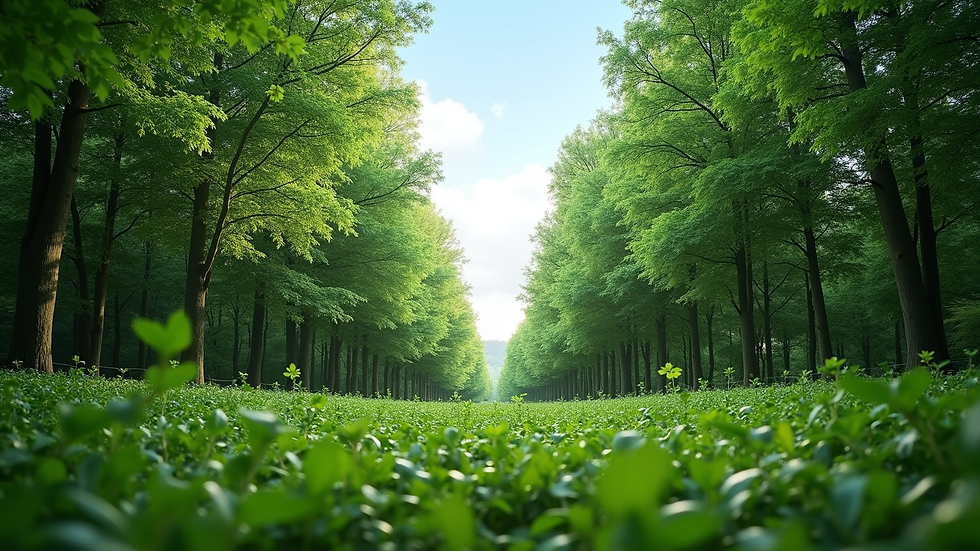 Eye-level view of a lush green forest with a clear sky