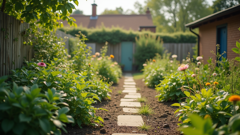 Wide angle view of a community garden with diverse plants