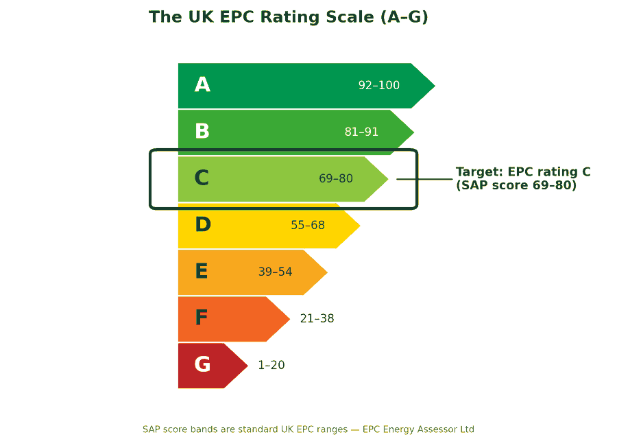The UK EPC rating scale from A to G, showing SAP score bands with band C highlighted at 69 to 80