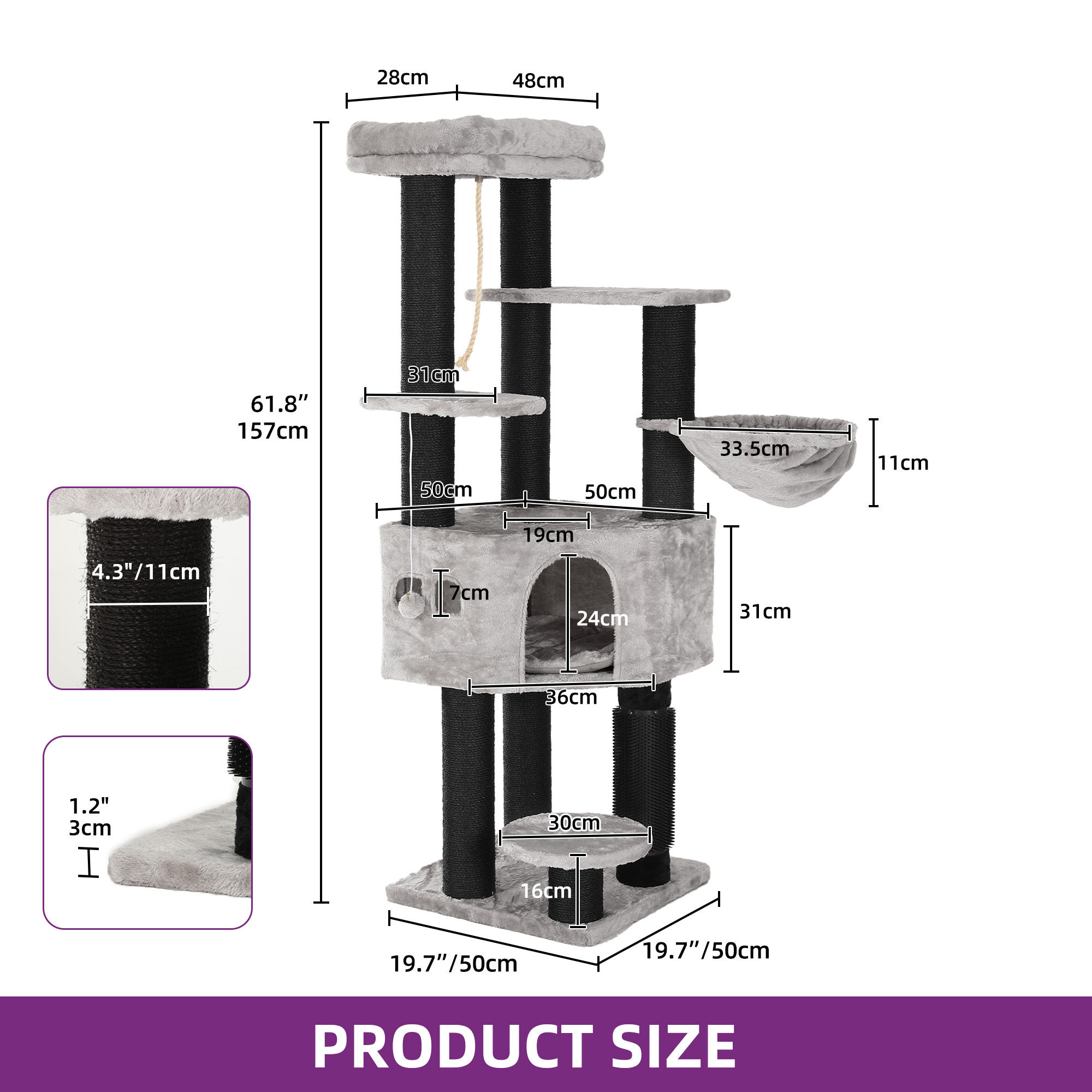 Large Cat Tree Tower, 50x50x157cm, 11cm Thick Posts, Large Platforms, Plush Cush
