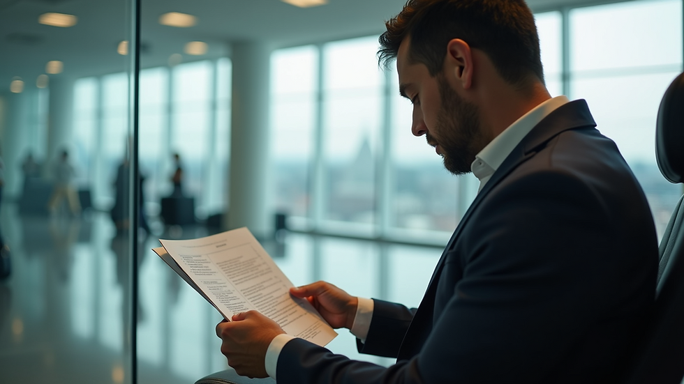 Eye-level view of a business traveler reviewing travel documents