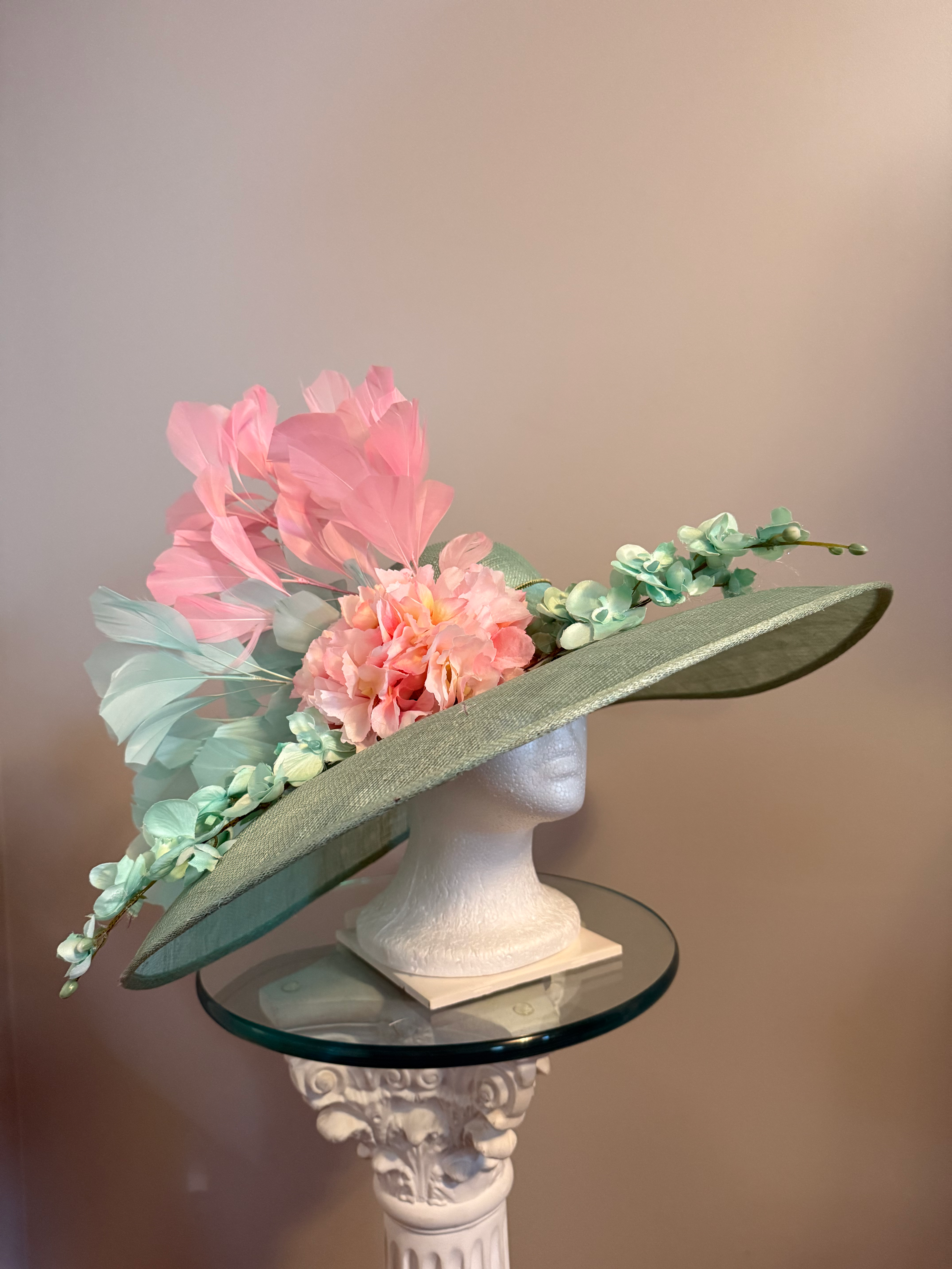 KY Derby wide brimmed sinamay hat “Southern Belle With a Spell” seafoam and pink