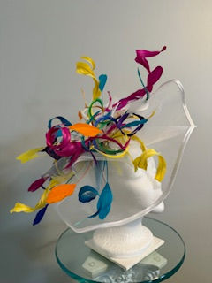 Thumbnail: SOLD Kentucky Derby white & multicolored  feathered Fascinator "Colorific Colt"
