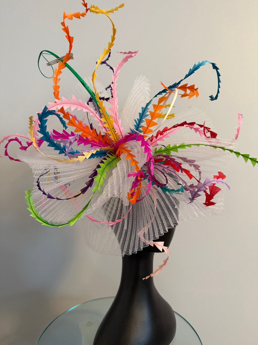 Thumbnail: SOLD KYDerby Fascinator, multicolored feathers, white crinoline, “Bold Winner”