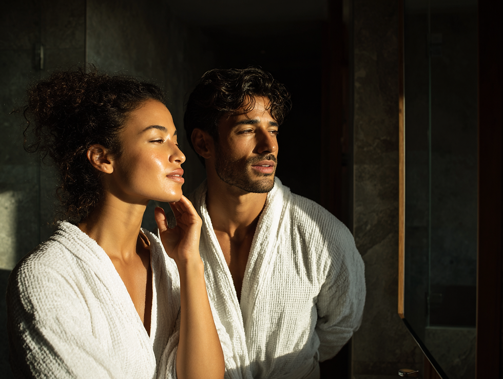 Multiracial man and woman in white robes standing in warm sunlight, showing healthy glowing skin