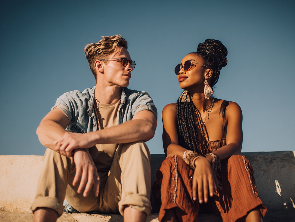 A stylish young man and woman sit outdoors against a clear blue sky, gazing warmly at each other, exuding a sense of connection and ease.