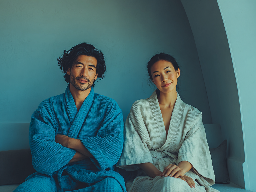 Asian man and woman in spa robes sitting together, relaxed before infrared skin tightening treatment