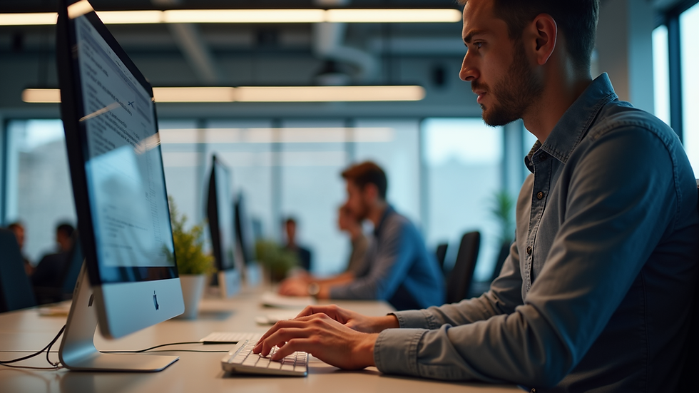 Eye-level view of a modern office workspace with software developers collaborating