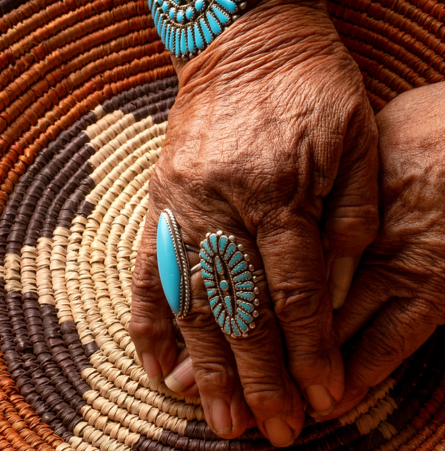 Navajo Basket Weaver Elder with Turquoise Jewelry