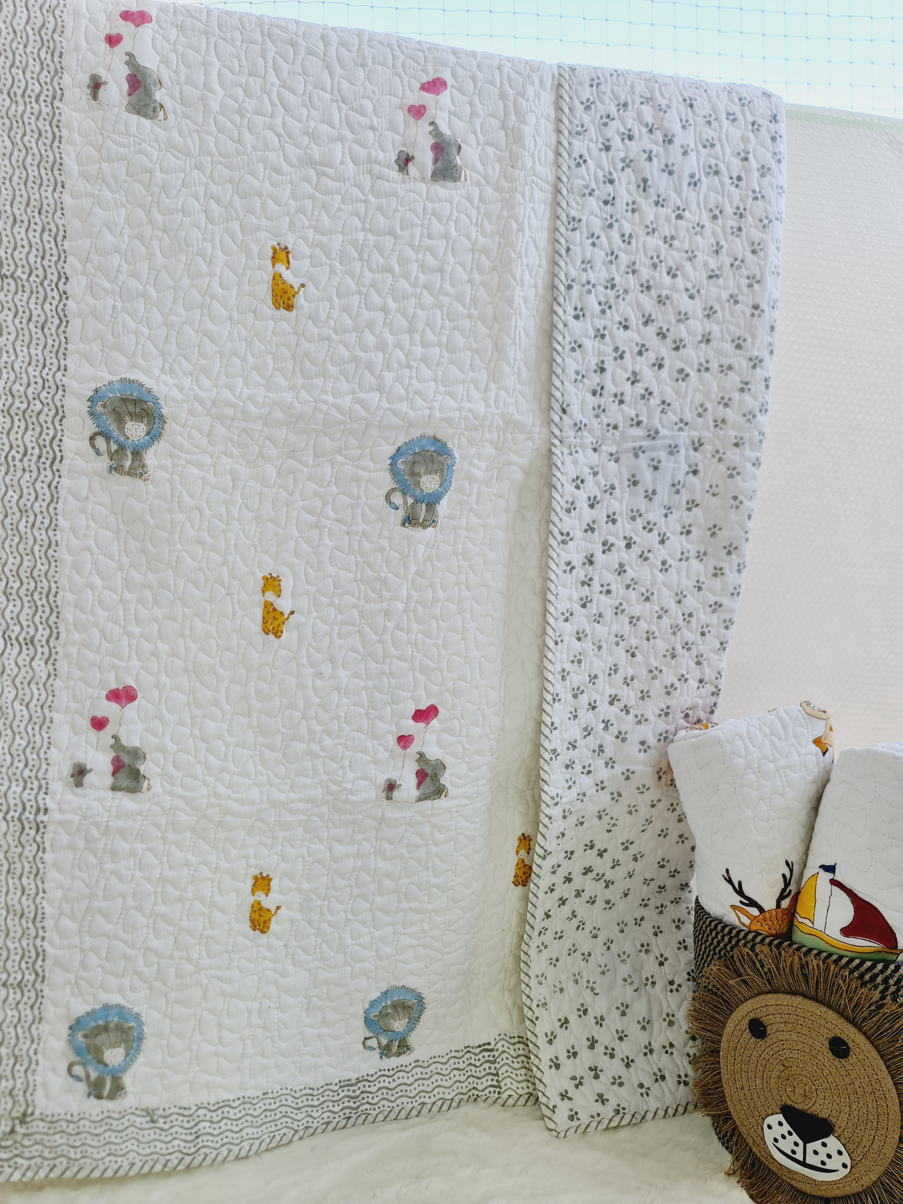 KIDS BLOCK PRINT QUILTED MULMUL COTTON BEDCOVER/QUILT TB-KBSJP-010