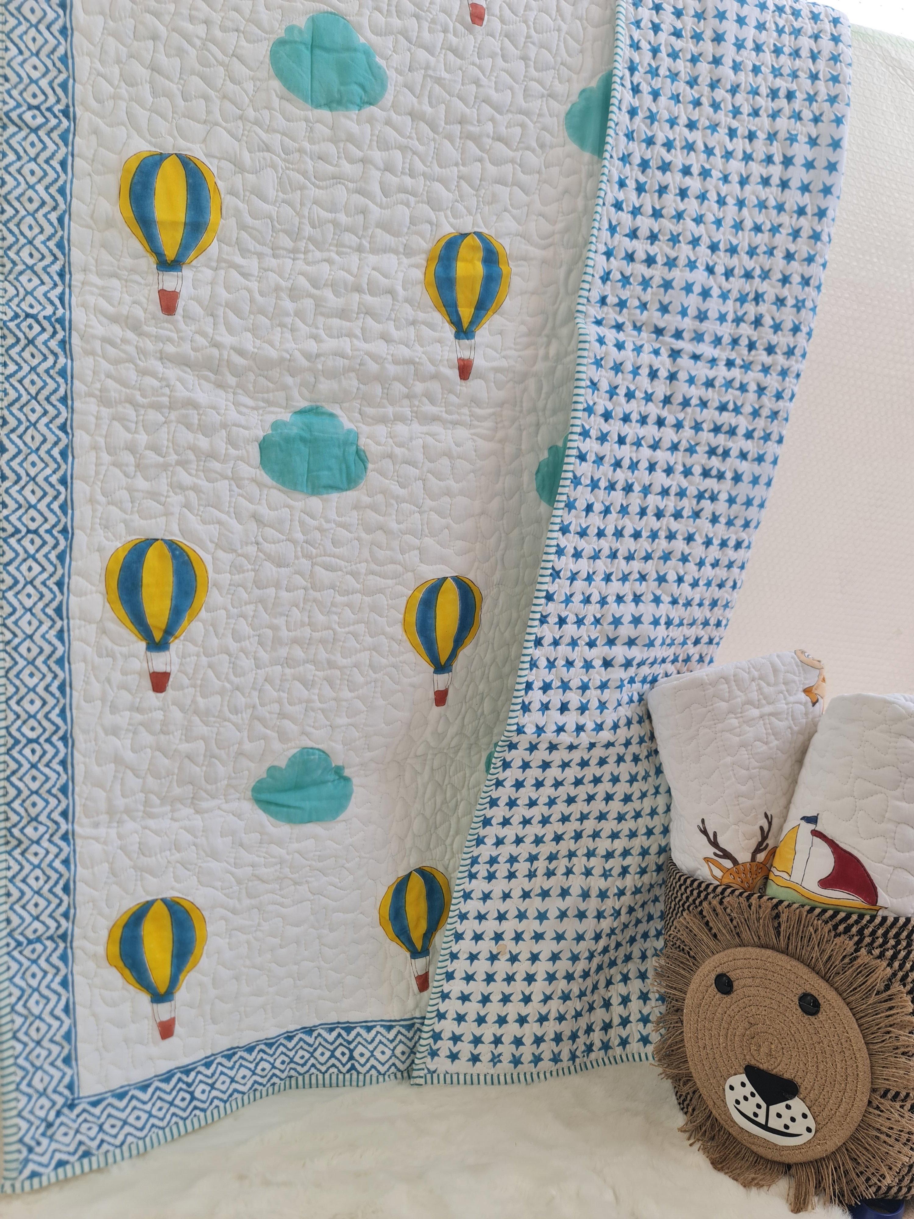 KIDS BLOCK PRINT QUILTED MULMUL COTTON BEDCOVER/QUILT TB-KBSJP-006