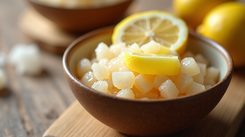 Eye-level view of a bowl with natural sugar wax and lemon slices