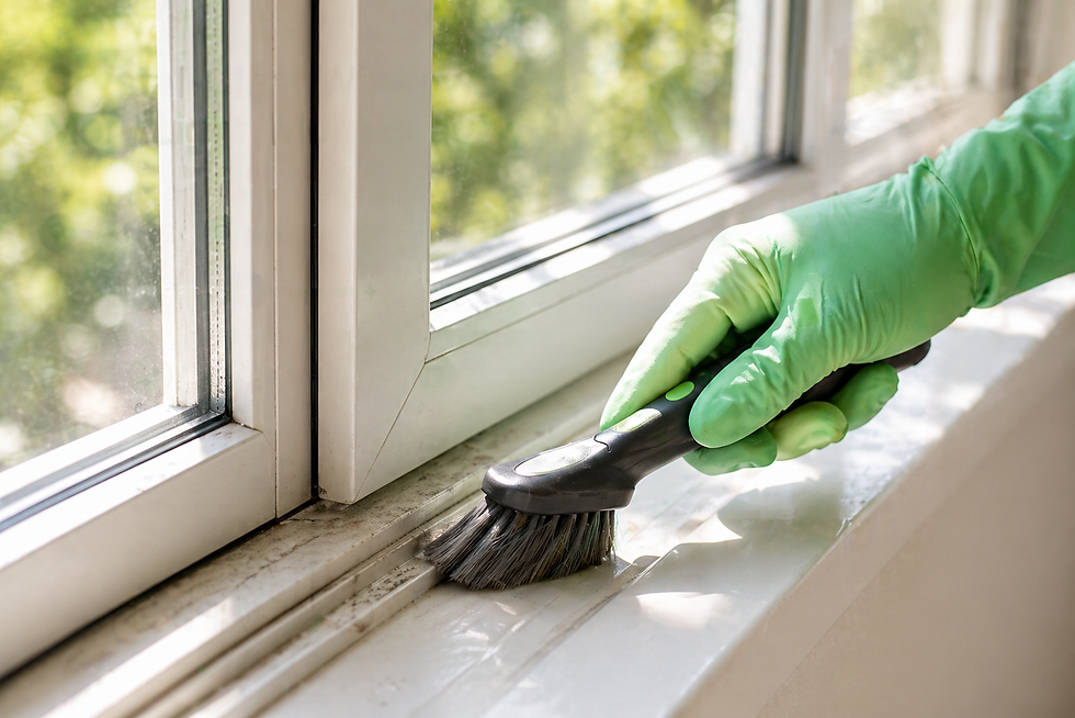 Bright window track cleaning in sunlight