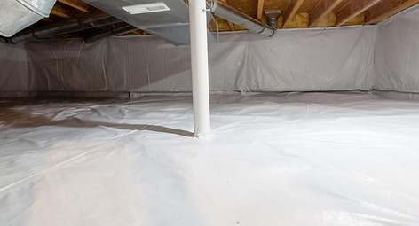Crawl space fully encapsulated with thermoregulatory blankets and dimple board. Radon miti