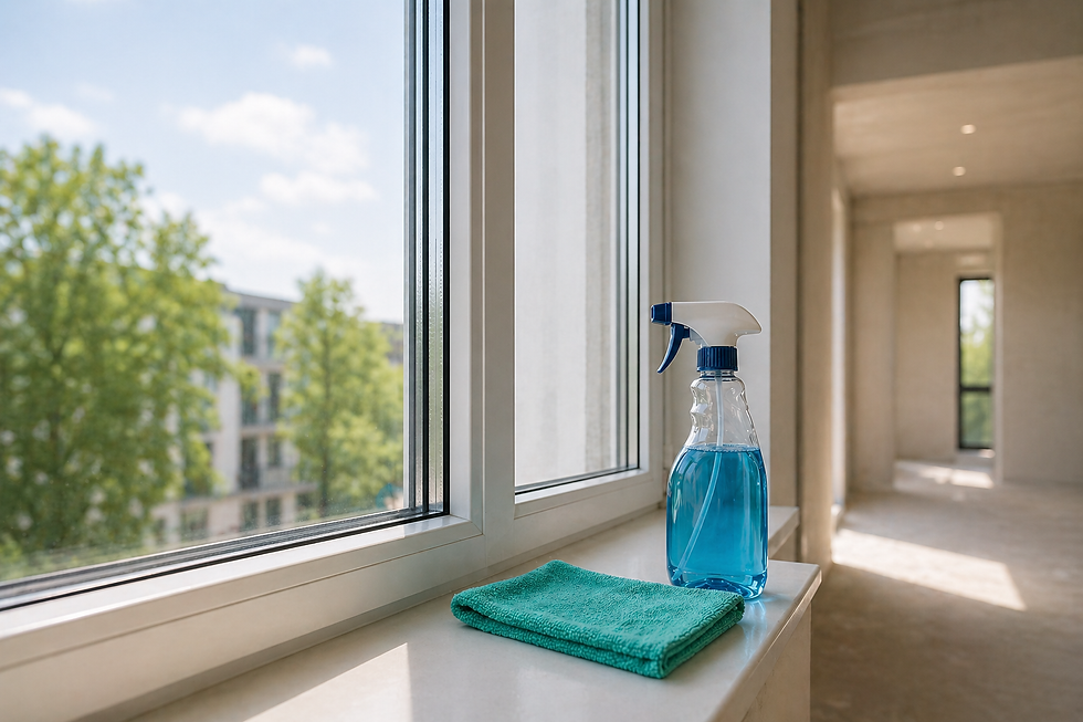 Minimalist window scene with cleaning supplies