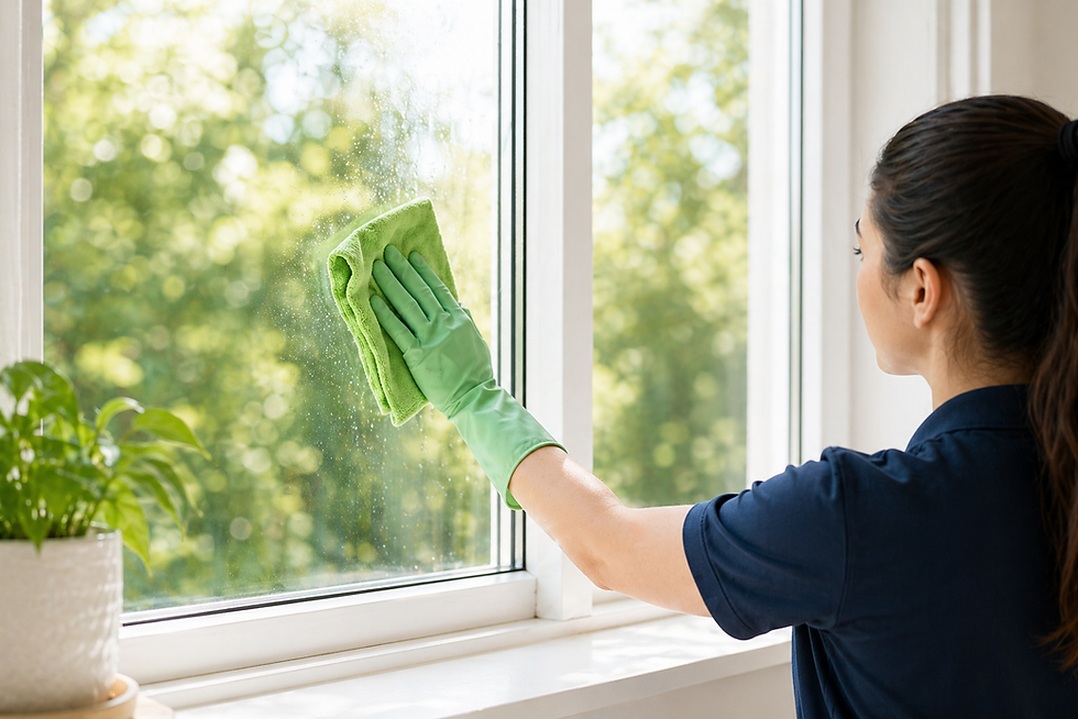 Cleaning the window in sunlight