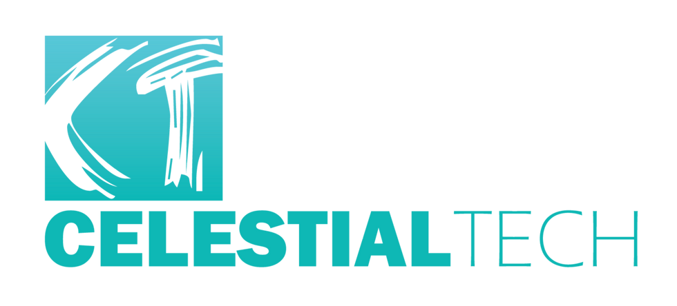 Teal and black "CelestialTech" logo with stylized "CT" icon on a light teal square background. Minimalist and modern design.