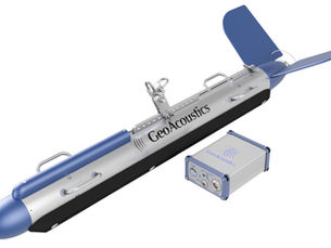 Silver and blue GeoAcoustics sonar device with fins, alongside a matching control box. Text: GeoAcoustics. Plain white background.