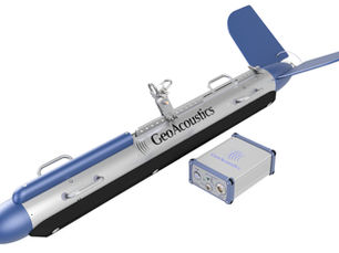 Silver and blue GeoAcoustics sonar device with fins, alongside a matching control box. Text: GeoAcoustics. Plain white background.