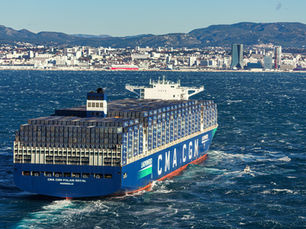 Cargo ship CMA CGM PALAIS ROYAL sails in choppy waters with a city and mountains in the background, under a clear blue sky.