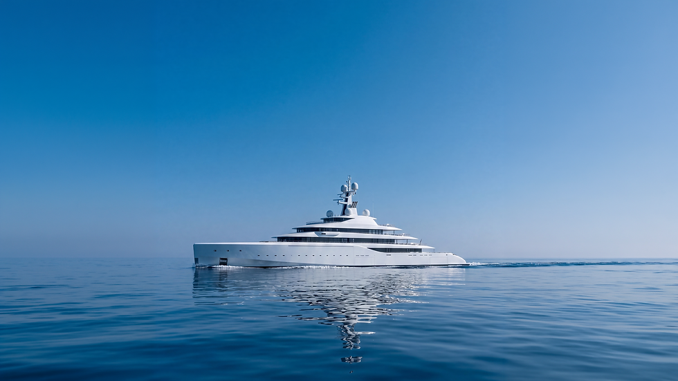 Sleek white luxury yacht cruising on calm blue sea under a clear sky, with its reflection shimmering on the water.