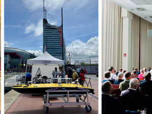 Three conference scenes: audience listens to talks indoors and outdoors, with a white tent booth and projected slides.