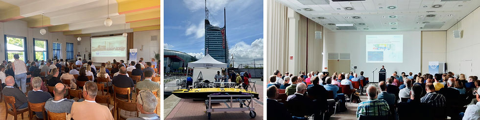 Three conference scenes: audience listens to talks indoors and outdoors, with a white tent booth and projected slides.