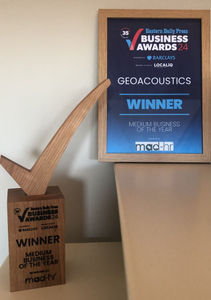 A wooden trophy and award certificate in matching frame on a stair.
