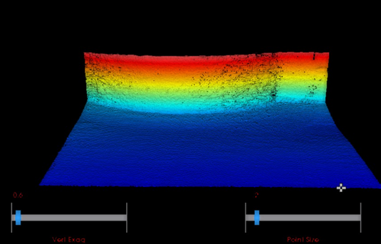 A bathymetric map of a quay wall on a black background