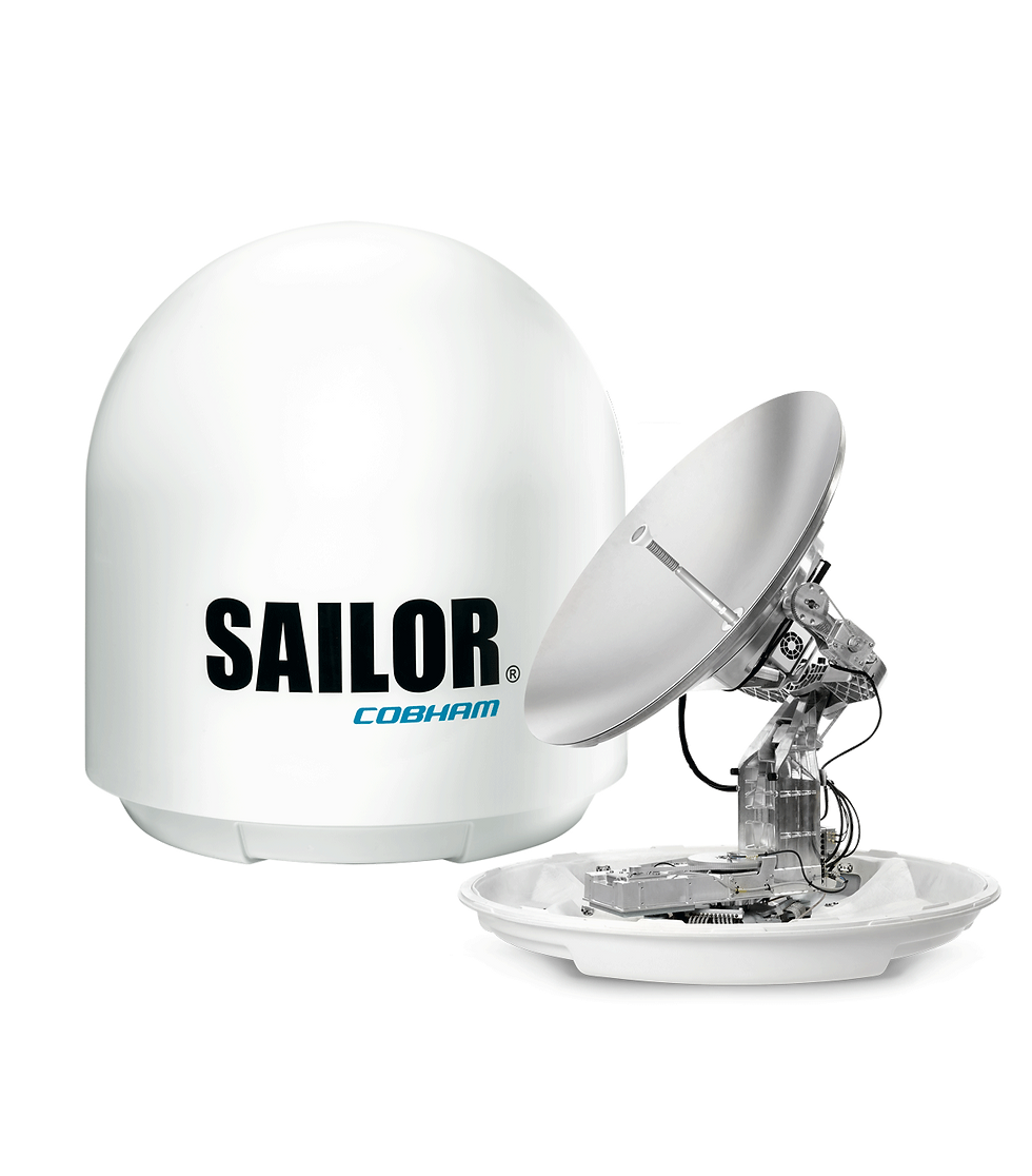 A new maritime antenna system with a white radome and silver reflector dish