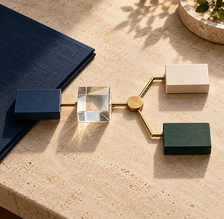Illustrative business workflow with connected navy, cream and green modules and a clear glass prism.